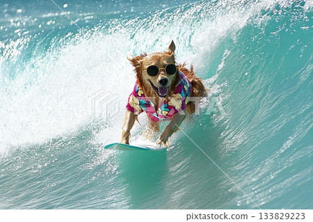 Playful Golden Retriever Surfing on Wave in Vibrant Shirt with Sunglasses 133829223