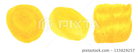 Artistic hand drawing yellow crayon oil pastel textured round blobs set. Abstract creative watercolor circle sun shape for pancake concept, sunny banner design, texture frame background Artistic hand drawing yellow crayon oil pastel textured round blobs set. Abstract creative watercolor circle sun shape for pancake concept, sunny banner design, texture frame background 133829257