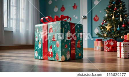 A festively wrapped Christmas gift box on the floor of a children's hospital or medical office. The concept of charity, holiday support, pediatric care, and a festive atmosphere in medical facilities. A festively wrapped Christmas gift box on the floor of a children's hospital or medical office. The concept of charity, holiday support, pediatric care, and a festive atmosphere in medical facilities. 133829277