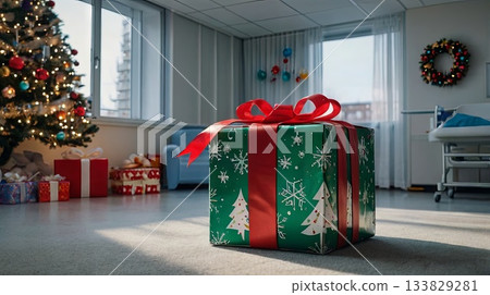 A festively wrapped Christmas gift box on the floor of a children's hospital or medical office. The concept of charity, holiday support, pediatric care, and a festive atmosphere in medical facilities. 133829281