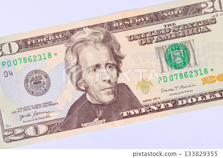 Detailed view of twenty dollar bill displaying Andrew Jackson with green black ink design Detailed view of twenty dollar bill displaying Andrew Jackson with green black ink design 133829355
