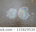 Bright multicolored spots on wet asphalt, top view 133829530