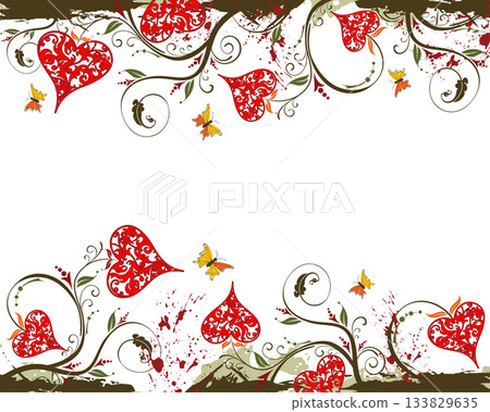 Valentines Day grunge background with hearts and florals 133829635