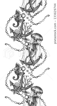 Underwater anchor seamless border illustration 133829744