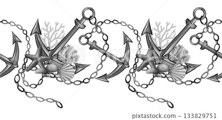 Nautical anchor seamless border ink illustration 133829751