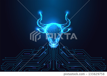 Futuristic Glowing Bull Head Low Poly Wireframe Above Digital Circuit Board on Dark Tech Background 133829758