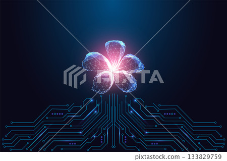 Glowing Digital Flower with Low Poly Petals and Circuit Board Base, Futuristic Dark Blue Background 133829759