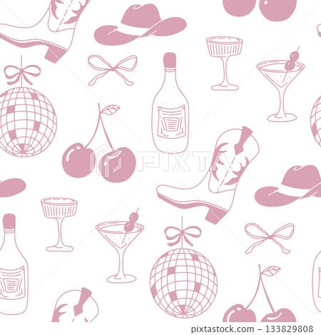 Whimsical cowgirl seamless pattern with lasso hearts and star outlines 133829808