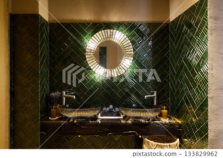 Luxury spainspired washroom design, Opulent boutique hotel style bathroom featuring curated accessories Luxury spainspired washroom design, Opulent boutique hotel style bathroom featuring curated accessories 133829962