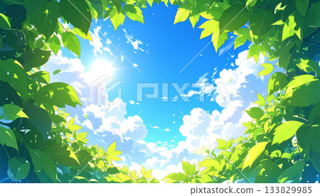 綠樹環繞的公園,藍天白雲。魚眼鏡頭動畫風格。 綠樹環繞的公園,藍天白雲。魚眼鏡頭動畫風格。 133829985