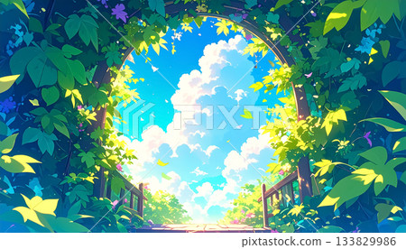 A park surrounded by leaves with a blue sky and white clouds. Fisheye lens animation style. 133829986