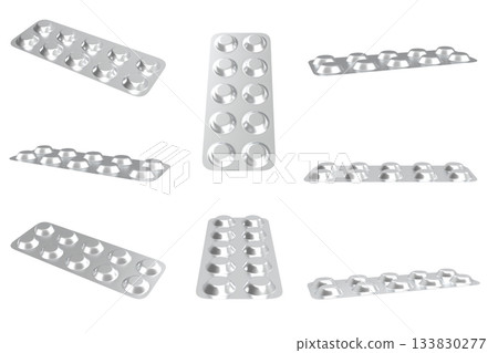Collection of Empty Silver Pharmaceutical Blisters Mockup White Background 133830277