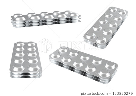 Collection of Empty Silver Pharmaceutical Blisters Mockup White Background 133830279
