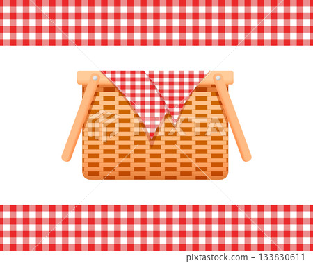 Empty wicker picnic basket with napkin and borders with checkered gingham pattern. Woven willow hamper isolated on white background. Vector cartoon illustration 133830611