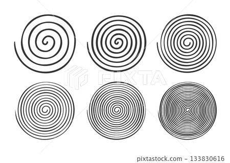 Doodle spiral shapes isolated on white background. Hypnotic psychedelic signs. Whirlpool, dizzy, hurricane or swirl symbols. Vector graphic illustration Doodle spiral shapes isolated on white background. Hypnotic psychedelic signs. Whirlpool, dizzy, hurricane or swirl symbols. Vector graphic illustration 133830616