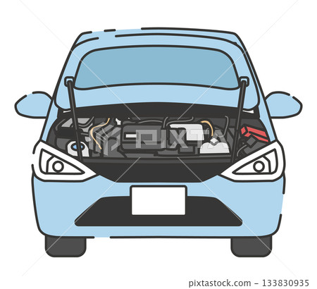 Illustration of a car with the hood open and the engine compartment 133830935