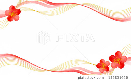 Watercolor plum and mizuhiki style Japanese frame set New Year's card New Year background material Watercolor plum and mizuhiki style Japanese frame set New Year's card New Year background material 133831626