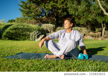 Relaxed thoughtful senior woman sitting on 133831631