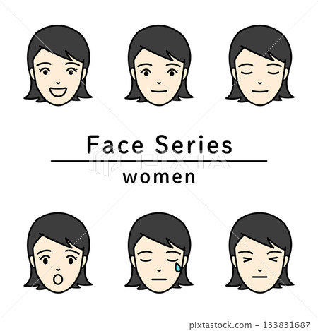 A set of young woman's face icons expressing various emotions 133831687
