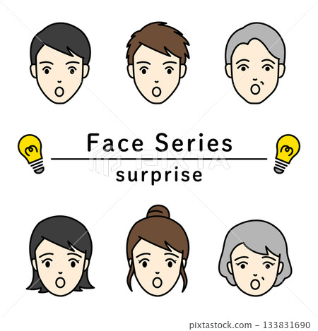 A set of facial icons of men and women of all ages showing expressions of surprise and discovery A set of facial icons of men and women of all ages showing expressions of surprise and discovery 133831690