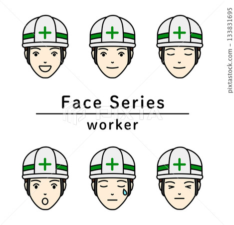 A set of face icons of various emotions of workers wearing helmets 133831695