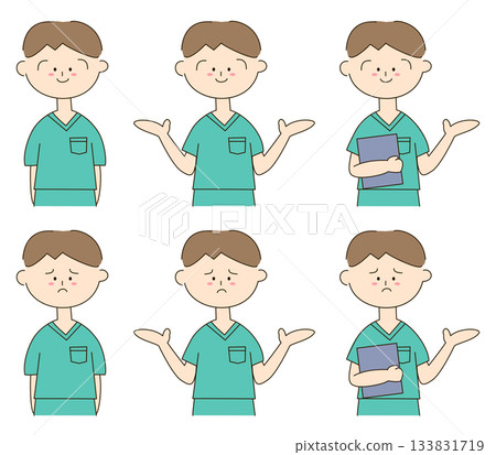 Cute hand-drawn illustration set of a man wearing a green scrub Cute hand-drawn illustration set of a man wearing a green scrub 133831719