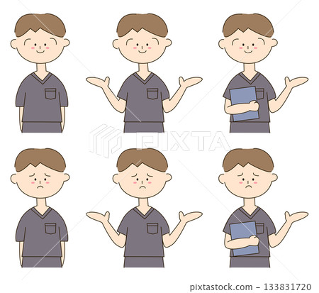 一套可愛的手繪插畫，描繪了一位身穿灰色手術服的男士。 133831720