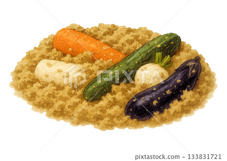 水彩插圖，描繪了埋在米糠（發酵食品，透明背景）中的蔬菜。 133831721