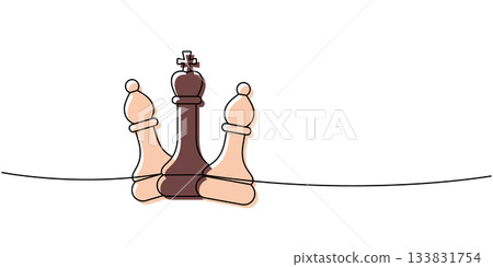 Linear minimalist outline of a chess king flanked by two bishops, soft brown and beige tones highlighting balanced strategy 133831754