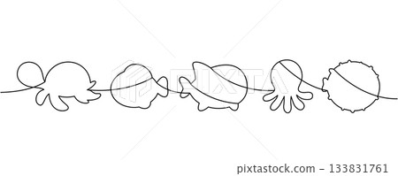 One-line contour cute sea animals silhouettes of turtle, fish, narwhal, jellyfish, pufferfish, and other in minimal style One-line contour cute sea animals silhouettes of turtle, fish, narwhal, jellyfish, pufferfish, and other in minimal style 133831761