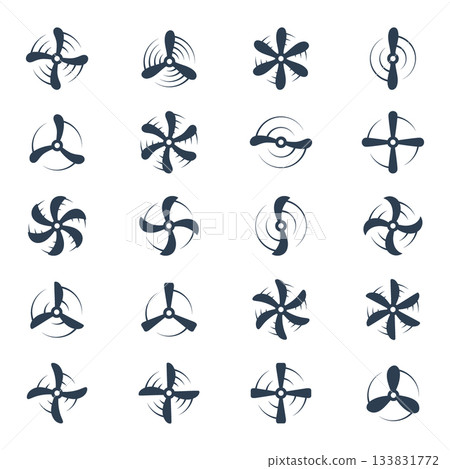 Airplane propellers. Vector silhouette aviation icons for drones, aircraft mechanics, and engineering transport themes Airplane propellers. Vector silhouette aviation icons for drones, aircraft mechanics, and engineering transport themes 133831772