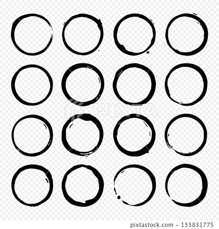 Set of 16 black grunge coffee cup stains isolated on transparent background. Vector circular drink ring marks for design and decoration Set of 16 black grunge coffee cup stains isolated on transparent background. Vector circular drink ring marks for design and decoration 133831775
