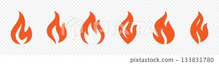 Set of 6 orange flame icons isolated on transparent background. Vector flat fire symbols for hot, energy, hazard and modern graphic design 133831780