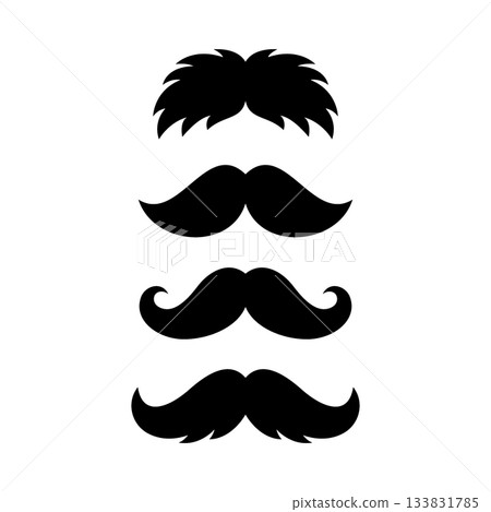 Set of four playful moustache silhouettes. Retro mustaches for hipster design, vintage barbershop logos, photo booth props and fashion graphics. Set of four playful moustache silhouettes. Retro mustaches for hipster design, vintage barbershop logos, photo booth props and fashion graphics. 133831785