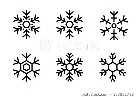 Six snowflakes. Black line winter illustration set for Christmas, New Year, and seasonal digital artwork Six snowflakes. Black line winter illustration set for Christmas, New Year, and seasonal digital artwork 133831788