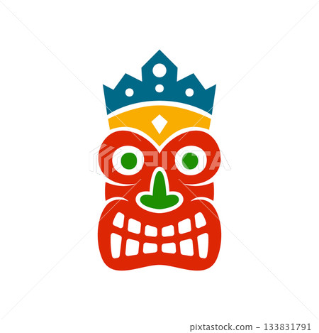 Colorful tribal tiki mask with crown and geometric details. Vector Polynesian style design for cultural, decorative and tropical themes Colorful tribal tiki mask with crown and geometric details. Vector Polynesian style design for cultural, decorative and tropical themes 133831791