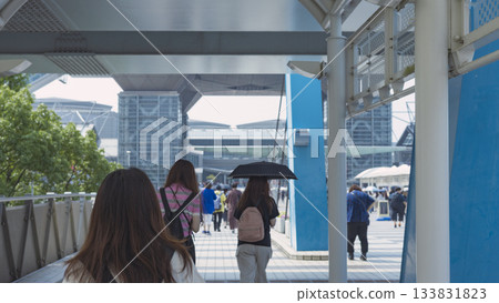Tokyo Big Sight: Backs of people heading to an event, no faces 133831823