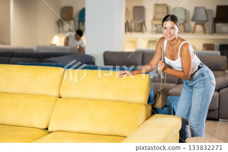 Young girl choosing convenient sofa in furniture shop Young girl choosing convenient sofa in furniture shop 133832271