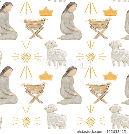 Kneeling Mary beside a manger, crown, lamb and a glowing golden star. Hand-painted watercolor nativity seamless pattern isolated on white, scene ideal for Christmas cards, devotionals, holiday designs 133832415