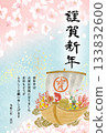 A gorgeous Japanese-style New Year's card template featuring a treasure ship and cherry blossoms, perfect for spring. Vertical design. 133832600