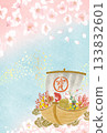 A gorgeous and auspicious Japanese background material with a watercolor illustration of a treasure ship against a background of cherry blossoms and blue sky 133832601