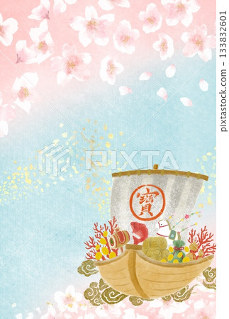 一幅華麗而吉祥的日式背景素材,以水彩畫的形式描繪了一艘寶船,背景是櫻花和藍天。 一幅華麗而吉祥的日式背景素材,以水彩畫的形式描繪了一艘寶船,背景是櫻花和藍天。 133832601