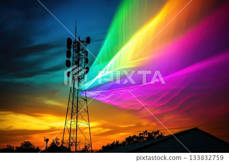 A tower with a rainbow on top of it. The rainbow is very colorful and it looks like it is shooting out of the tower 133832759