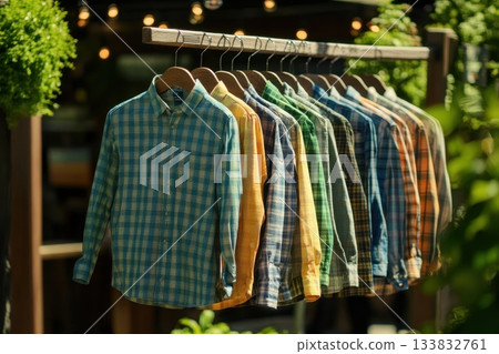 A rack of shirts hanging outside with a variety of colors and patterns A rack of shirts hanging outside with a variety of colors and patterns 133832761