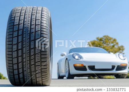 A white car is parked next to a large tire, Summer tires 133832771