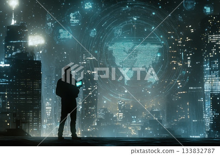 Futuristic Urban Skyline with Glowing Skyscrapers and Technology 133832787
