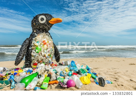 Distressed Penguin Sculpture Made of Crushed Plastic Waste on Beach Shoreline Distressed Penguin Sculpture Made of Crushed Plastic Waste on Beach Shoreline 133832801