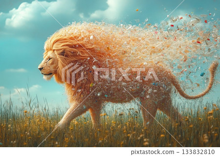 Majestic Lion with Shredded Plastic Mane Roaming Through a Lush Green Field 133832810