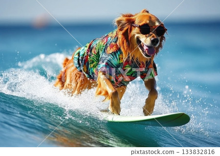Playful Golden Retriever in Vibrant Shirt Riding Waves on a Surfboard Playful Golden Retriever in Vibrant Shirt Riding Waves on a Surfboard 133832816