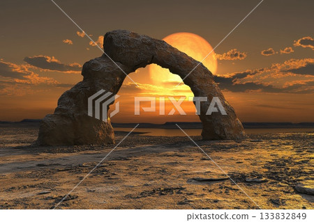 A large rock archway is in the foreground of a desert landscape. Concept of tranquility and solitude A large rock archway is in the foreground of a desert landscape. Concept of tranquility and solitude 133832849